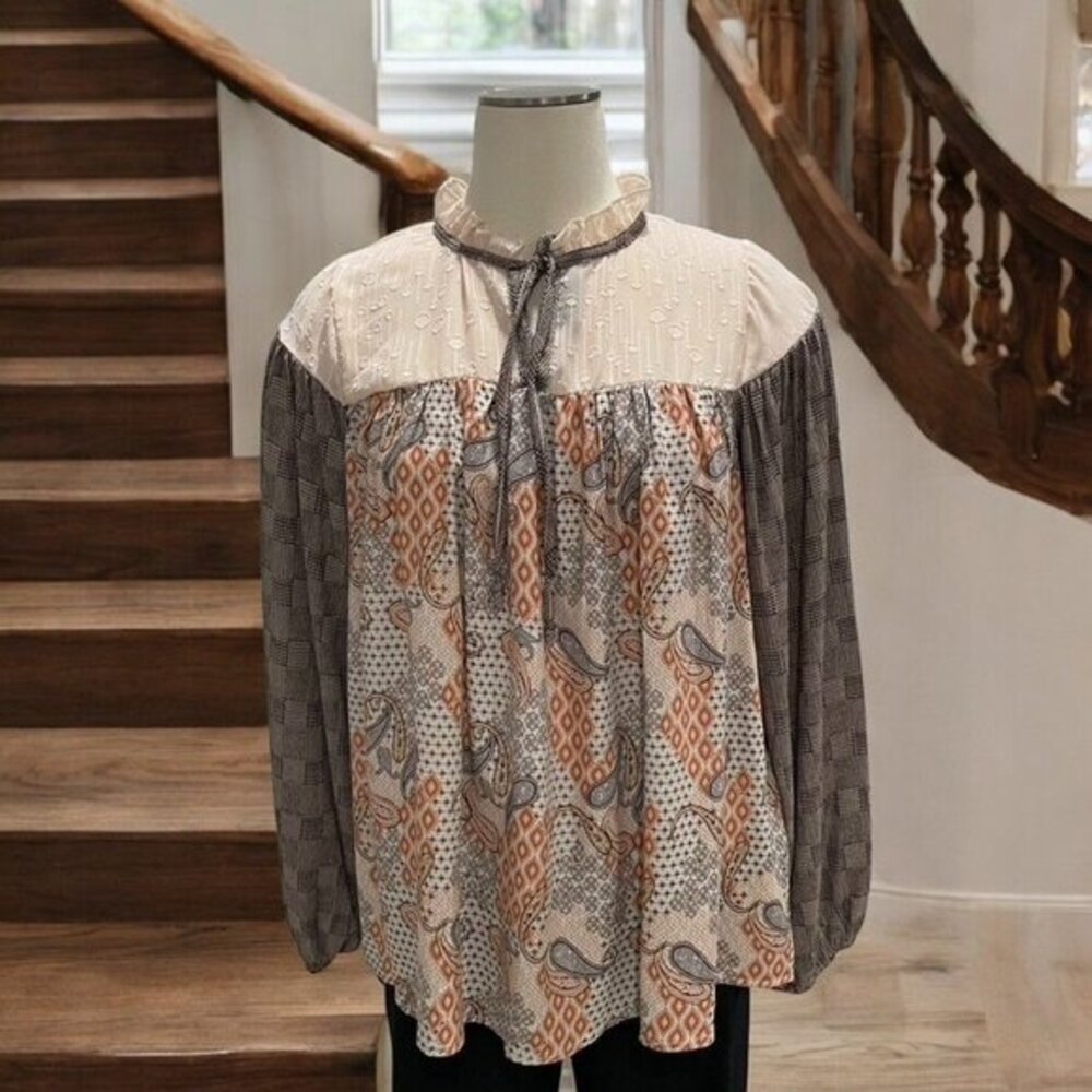 Sugarfox Boho‎ Patchwork Peasant Blouse S Mixed Print Ruffle Neck Cottagecore